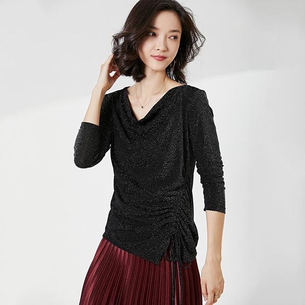 

women's t-shirt spring 2021 v-neck mesh bottoming shirt for women thin style fashion bright silk long-sleeved, White