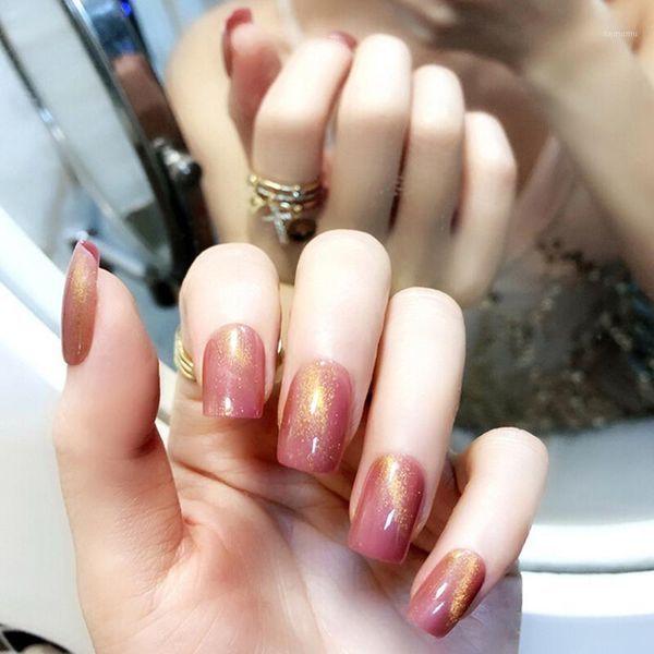 

24pcs cat eye short oval fake nails tips kit chrome bright uv gel nail art salon1, Red;gold