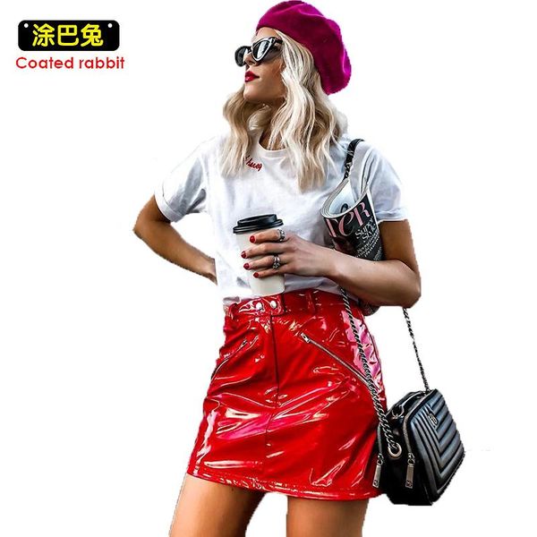 

skirts woman pu leather 2021 summer zip lady slim split button mini skirt, Black