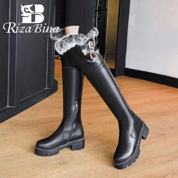 

boots rizabina size 35-43 women over knee plush fur round toe metal buckle zipper shoes winter fashion footwear1, Black