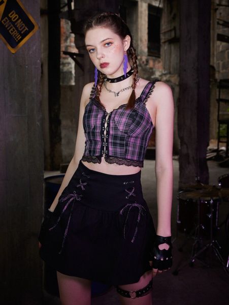 

romwe hook & eye tartan lace trim & lace up skirt o7r3#, White
