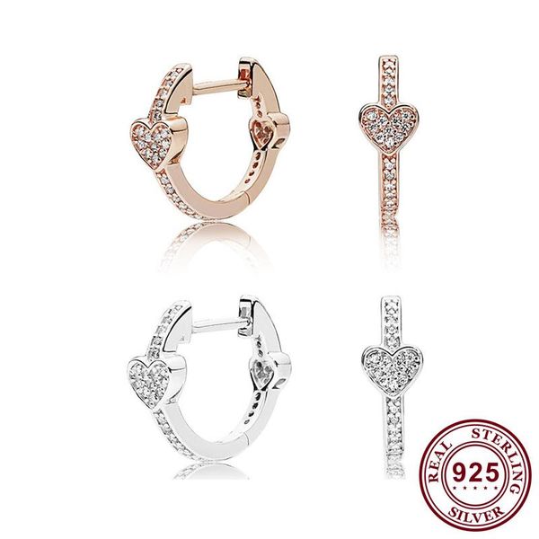 

stud original 925 sterling silver pan earring alluring hearts with crystal studs for women wedding gift fashion jewelry, Golden;silver