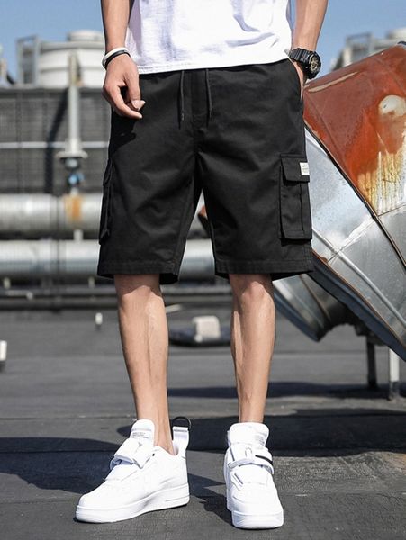 

men side flap pocket drawstring waist shorts 482t#, Black