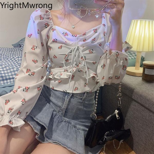 

women's blouses & shirts fall long sleeve square neck string ruched ruffle flower crop elegant shirt women blouse fashion tee blusa, White