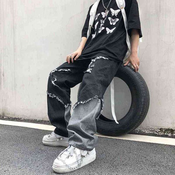 

korean new fashion tassel contrast jeans trendy cool high street harajuku style loose raw edge men's, Blue