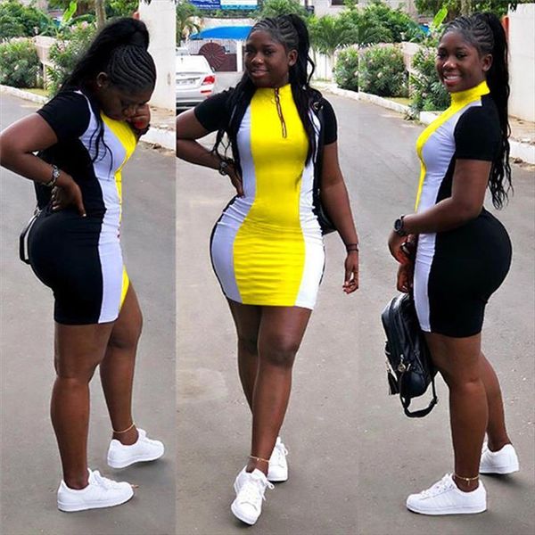

summer casual patchwork mini party womens dress streetwear zipper stretch short sleeve slim bodycon, Black;gray