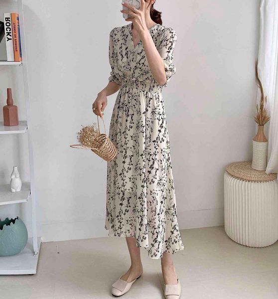 

casual dresses 2021 new women retro floral dress cross v neck wooden ear slim long vestido summer elegant chiffon short sleeve co2, Black;gray