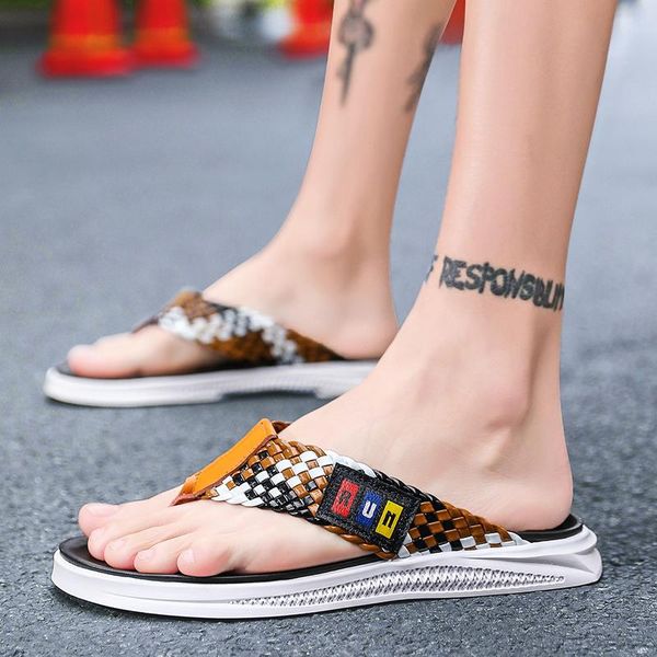 

slippers flip-flops men beach impenetrable sandals clip toe drag shoes fashion compilation breathable non-slip tide footwear, Black