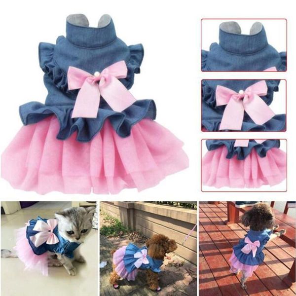 

dog apparel cute denim princess dress with bowknot for pet cat spring summer wear decoration clothes