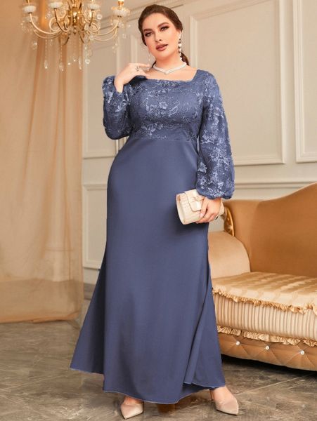 

plus floral embroidery mesh panel lantern sleeve dress x8ex#, Black