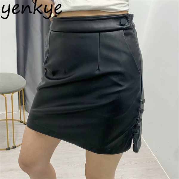 

vintage black faux leather skirt women side zipper high waist mini office lady pencil bodycon saias 210514