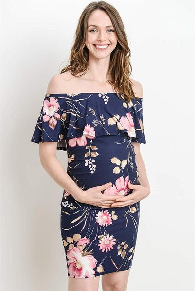 

maternity summer one neck stretch slim print dress dresses, White