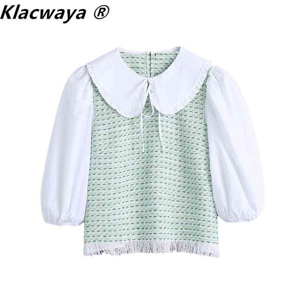 

women fashion cute patchwork textured tassel cropped blouses vintage long sleeve female shirts blusas casual 210521, White