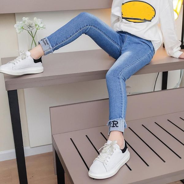 

fashion jeans trousers girls resiliency denim long pants kids slim young children straight cowboy spring autumn, Blue