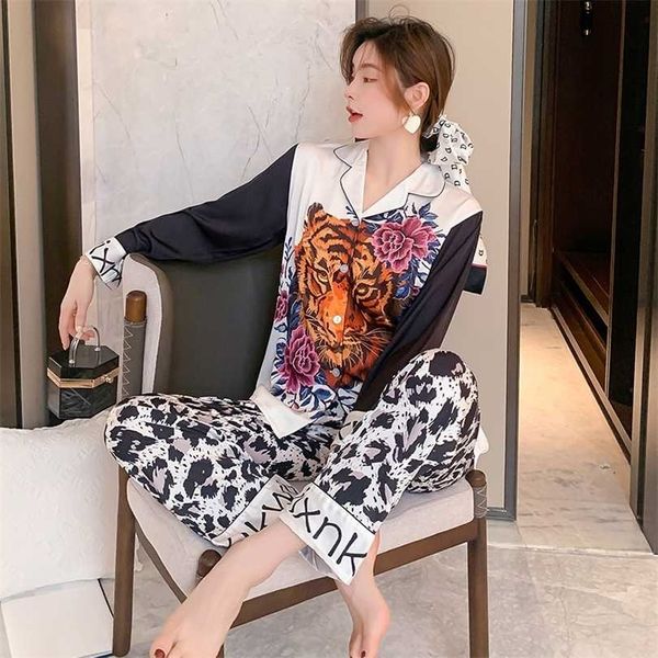 QSROCIO Женская пижама набор прохладный мода тигр и роза печатает питьевая одежда ночной шелк, как домашняя одежда ночная белье Pajamas Femme 211215
