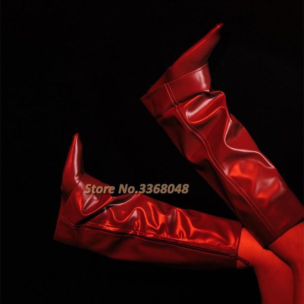 

boots leather knee high height increase pointed toe polish patent fold wedges 2021 winter arrivals, Black