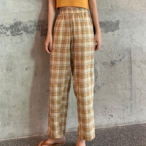 

plaid loose high waist womens pant wide leg straight casual long trousers mujer streetwear, Black;white