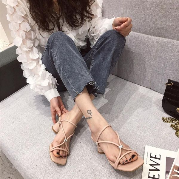 

fashion women square toe sandals white pink medium round high heels leather casual slides beach slipper party shoes, Black
