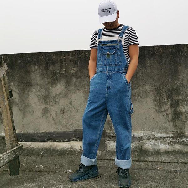 

loose fit jeans men denim bib overalls men's work wear blue jumpsuit strap suspender straight cargo pants big plus size 30-44 46
