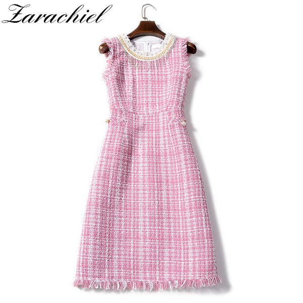 

ladies fringe trim tassles beading pearls pocket tweed women sleeveless plaid slim vest elegant wool mini dress 210416, Black;gray