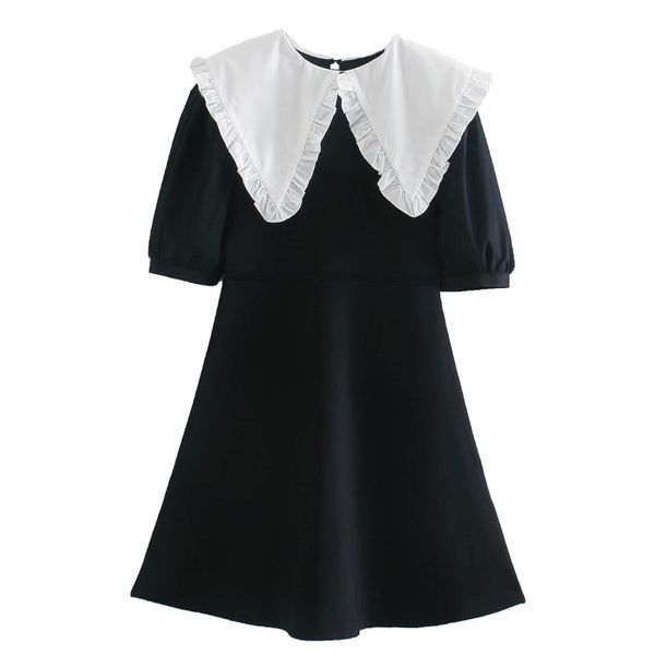 

women white turndown collar splicing black knitting mini dress female puff sleeve slim clothes casual lady vestido d6687 210430, Black;gray