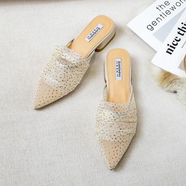 

slippers shoes flock ladies' low slipers women cover toe lace shallow beige heeled sandals flat summer soft 2021 black pointed s