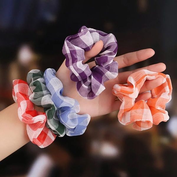 

6 colours of vintage chiffon plaid elastic scrunchies women girl news sweet hairbands rope horse's tail accessories for hair, Pink