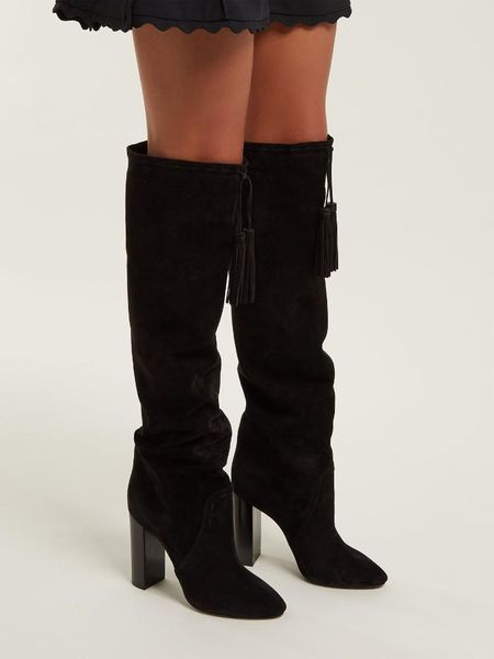 

stylish women boots suede block high heel round chunky knee celebrity design dress shoes, Black