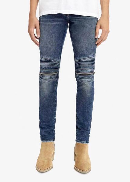 

correct version of am style trendy high street blue wash wrinkled double knee zipper jeans for men