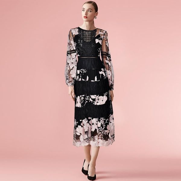 

casual dresses gedivoen spring summer cutout lantern sleeve dress women mesh embroidery black vintage elegant party, Black;gray