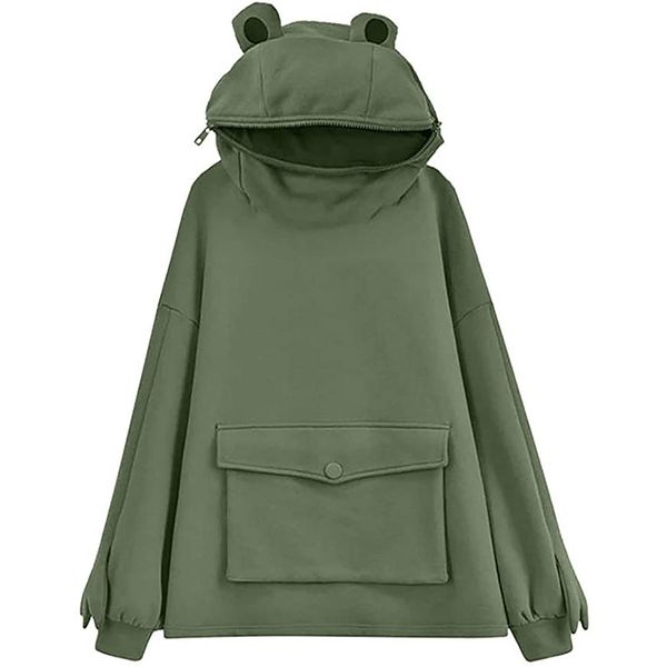 

women novelty frog hoodies loose fashion cute animal style fall hooded sweatshirt for teens, Black