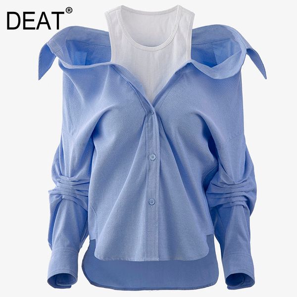 Frauen Blau Patchwork Chiffon Bluse Rundhals Langarm Lose Fit Gefälschte zwei-stück hemd Trägerlosen Sommer 7D00122 210421