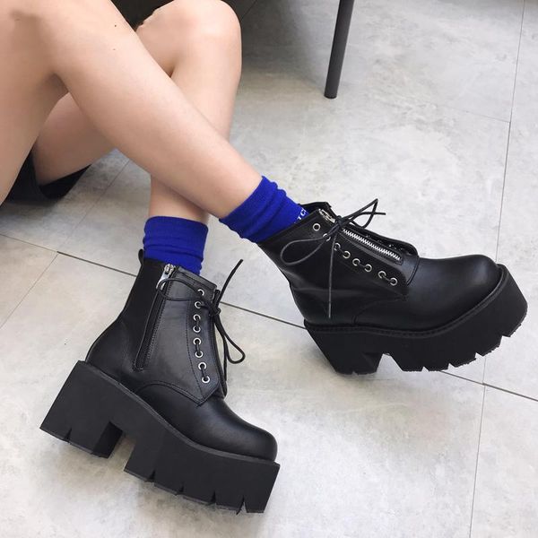 

boots 2021 autumn lace up block thick sole platform combat woman shoes gothic punk high heel biker ankle yma530, Black