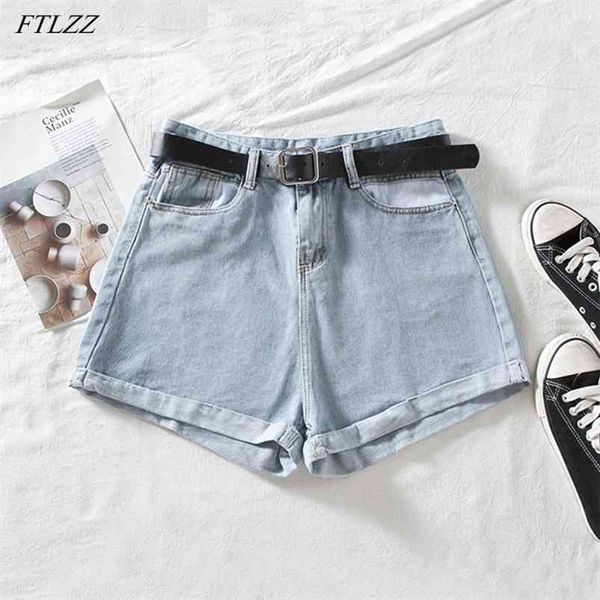

summer women high waist loose streetwear blue denim shorts casual female solid color wide leg jeans with belt 210430, White;black