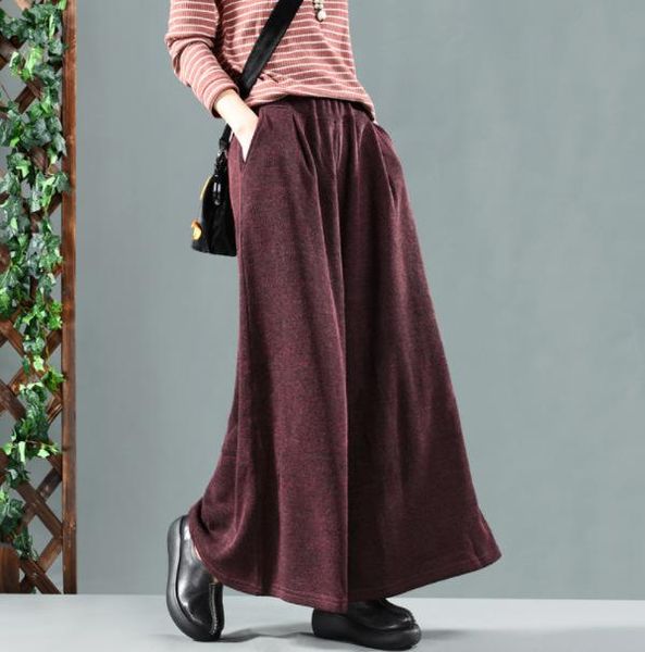 

women's pants & capris autumn winter retro women loose thicker trousers elastic waist pocket solid color blended female casual 2021, Black;white