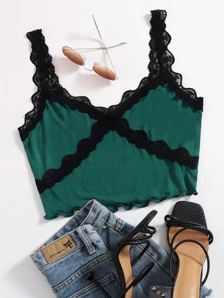 

contrast lace panel lettuce edge cami n6pu#, White