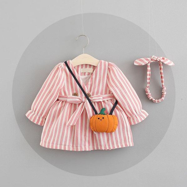 

girl's dresses autumn 3pcs borns striped outfits infant long sleeve v-neck vertical bar lace-up dress pumpkin-shaped crossbody bow head, Red;yellow
