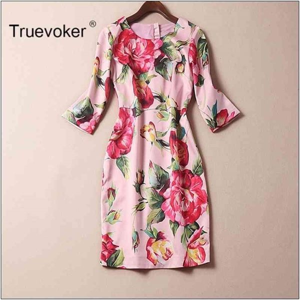 

truevoker designer dres's half sleeve pink rose floral printed pencil plus size summer boutique vestido 210602, Black;gray