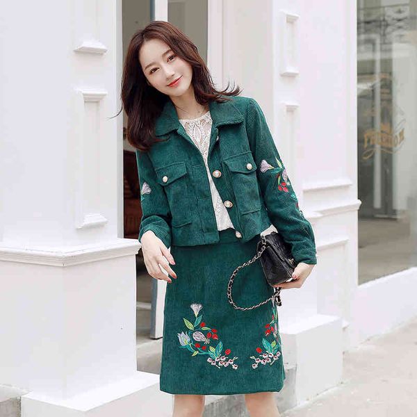 

skirts wet two garments woman's corduroy suit tweed short jacket + high waist mini skirt pocket matching green embroidery, Black