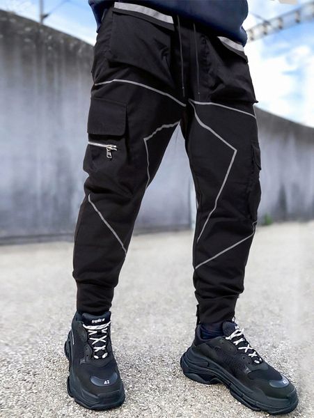 

men reflective tape cargo pants 10xr#, Black