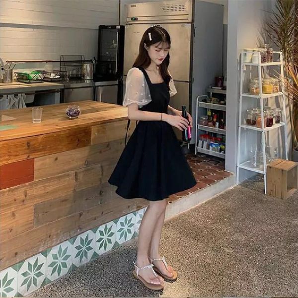 

casual dresses robe for women 2021 dress summer ladies black knee-length school short sleeve clothing, Black;gray