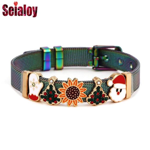 

charm bracelets seialoy stainless steel mesh for women original christmas tree sunflower santa claus glove bracelet xmas jewelry, Golden;silver