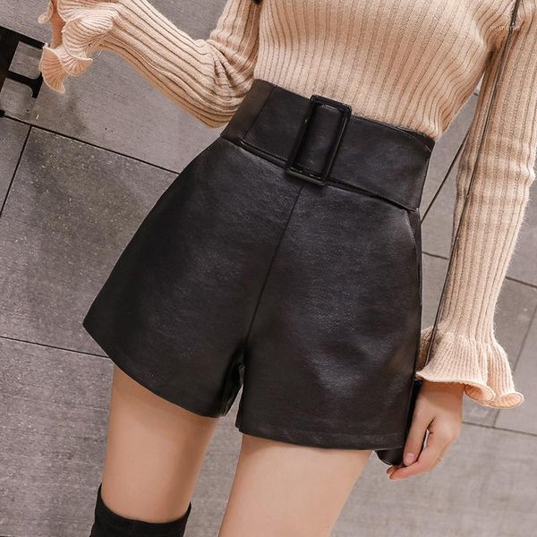 

women's shorts 2021 spring fall women korean style high waisted sash black pu leather , woman slim winter wide leg, White;black