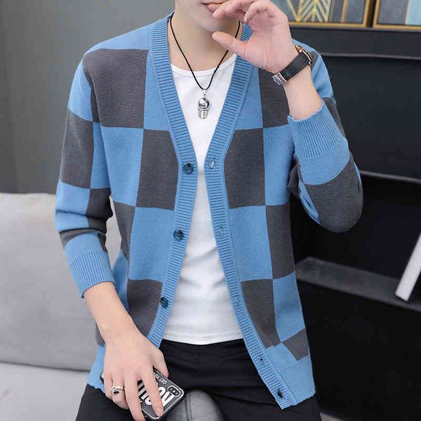 

autumn plaid sweater men cardigan sweatercoat long sve slim fit knitted et busins casual cloth, Black;white