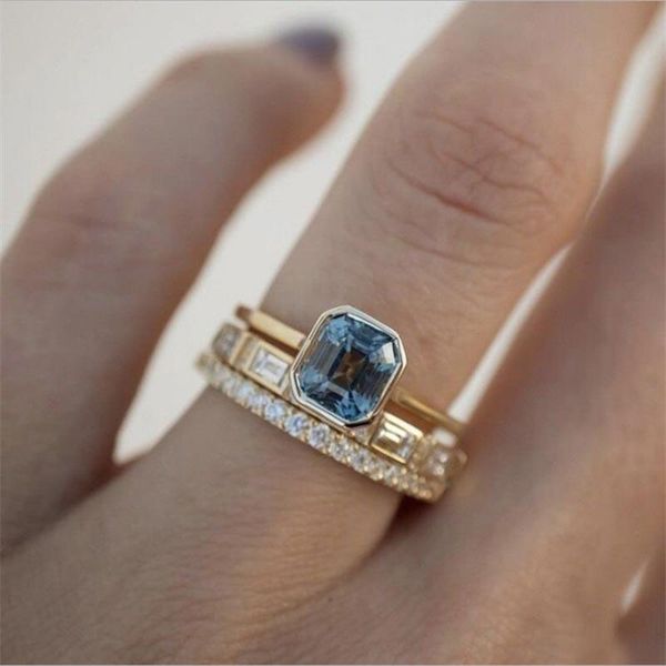 

wedding rings 3pcs acid blue crystal for women fashion yellow gold color women's ring jewelry gifts accessories, Slivery;golden