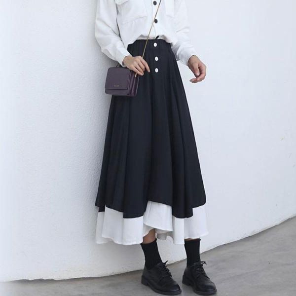 

skirts spring and autumn 2021 retro high waist slim mid-length single breasted big swing a line womens, Black