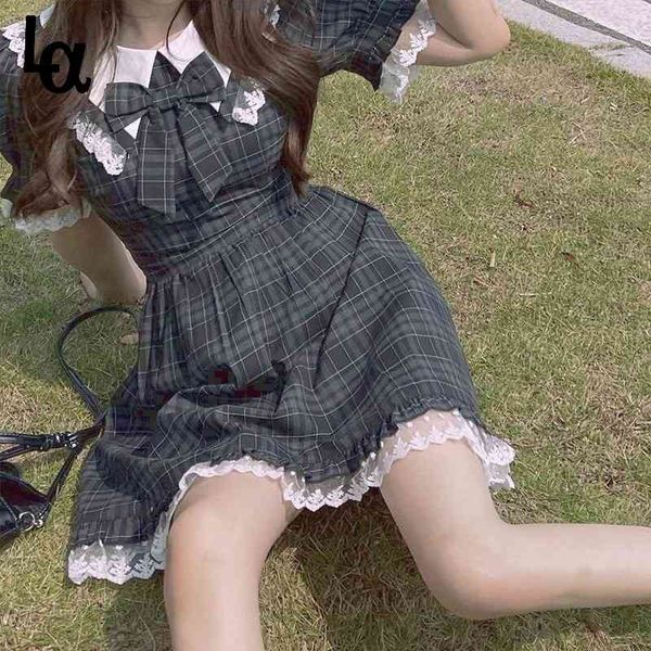 

kawaii sweet plaid lace dress female japanese lolita bow o-neck bubble sleeve dresses holiday mini women summer 210519, Black;gray