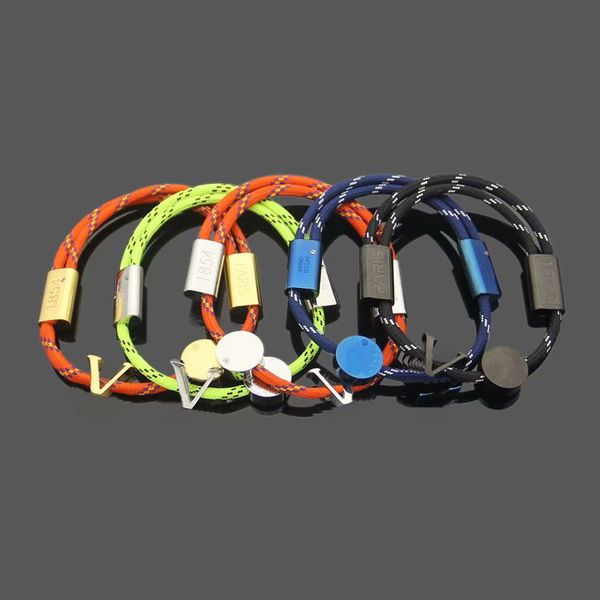 

europe america fashion style men lady women titanium steel colored nylon rope pull-out bracelet with v initials square charm, Golden;silver