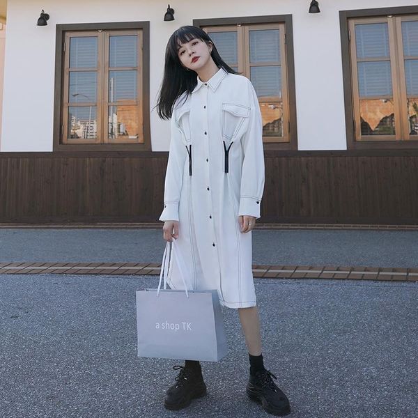 

casual dresses 2021 spring autumn korean elegant mid-length long sleeve with lapel single-breasted dress for women solid q2, Black;gray