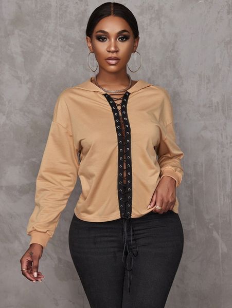 

sxy grommet eyelet lace up front drop shoulder hoodie k2ly#, White;black